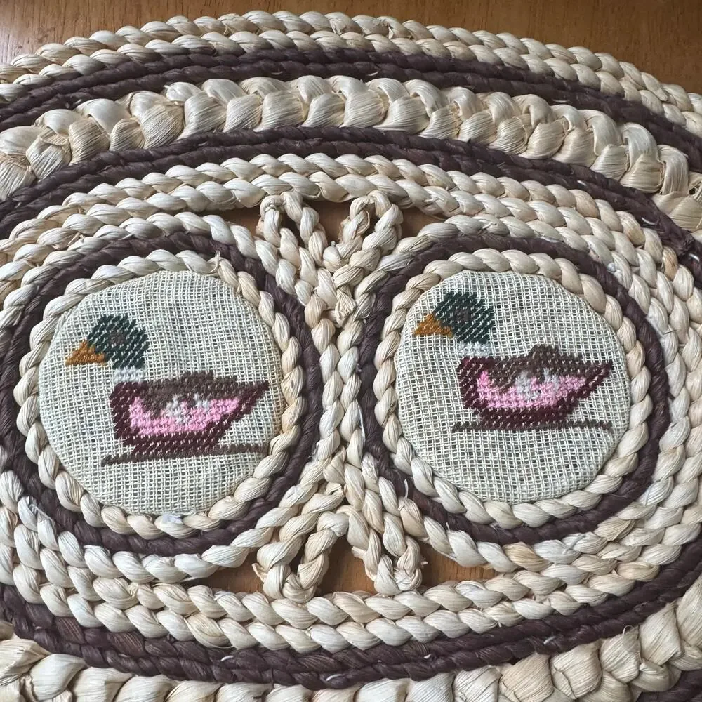Vintage Woven Cross Stitch Ducks Placemats Trivets Set of 2 Cottage Core Country